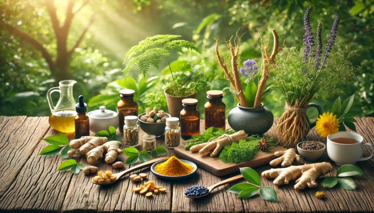 A peaceful, natural herbal setting with fresh herbs like ginseng, ginger, and turmeric, arranged on a wooden table. Small bottles of herbal supplements and tea cups are placed beside the herbs, with soft natural light creating a calming and energizing atmosphere