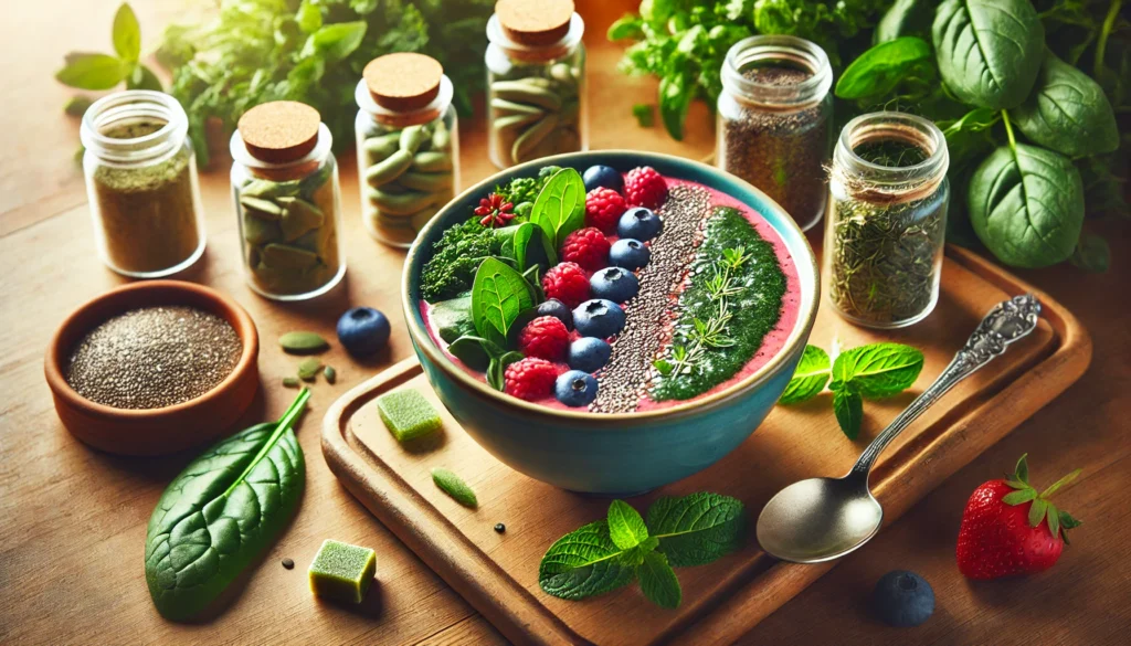 How to Have Energy for a Workout: Natural Herbal Remedies and Holistic Supplements That Help 1 A close-up of a healthy smoothie bowl made with natural ingredients such as spinach, kale, chia seeds, and berries. The bowl is surrounded by small containers of herbal supplements, fresh herbs like mint and basil, and soft natural lighting