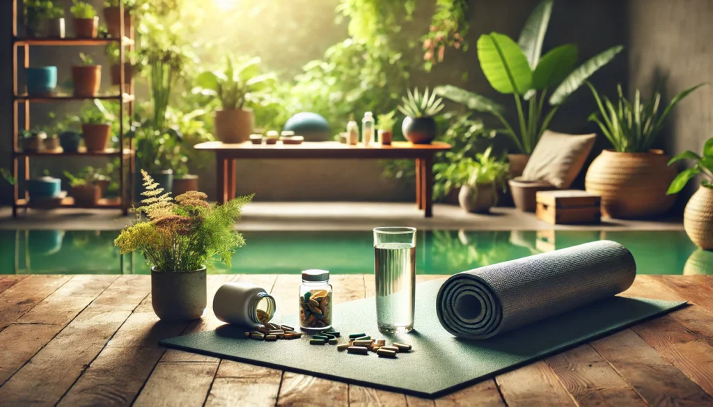 How to Have Energy for a Workout: Natural Herbal Remedies and Holistic Supplements That Help 2 A serene scene of a yoga mat laid out in a calm, natural environment. Various holistic supplements like capsules and powders are arranged beside a glass of water, with green plants and soft natural light in the background, creating a peaceful and energizing atmosphere