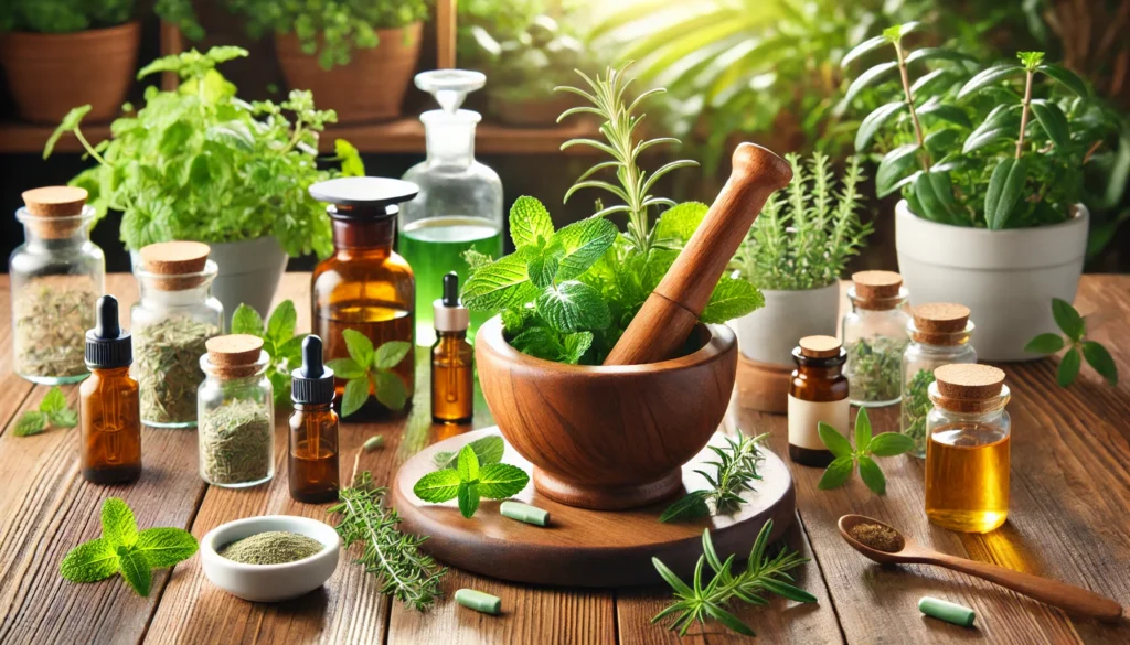 How to Have Energy for a Workout: Natural Herbal Remedies and Holistic Supplements That Help 3 A wooden kitchen counter with a mortar and pestle containing fresh herbs such as mint and rosemary. Small jars of holistic supplements, essential oils, and an herbal tea cup are arranged around the mortar, with soft natural light and green plants in the background