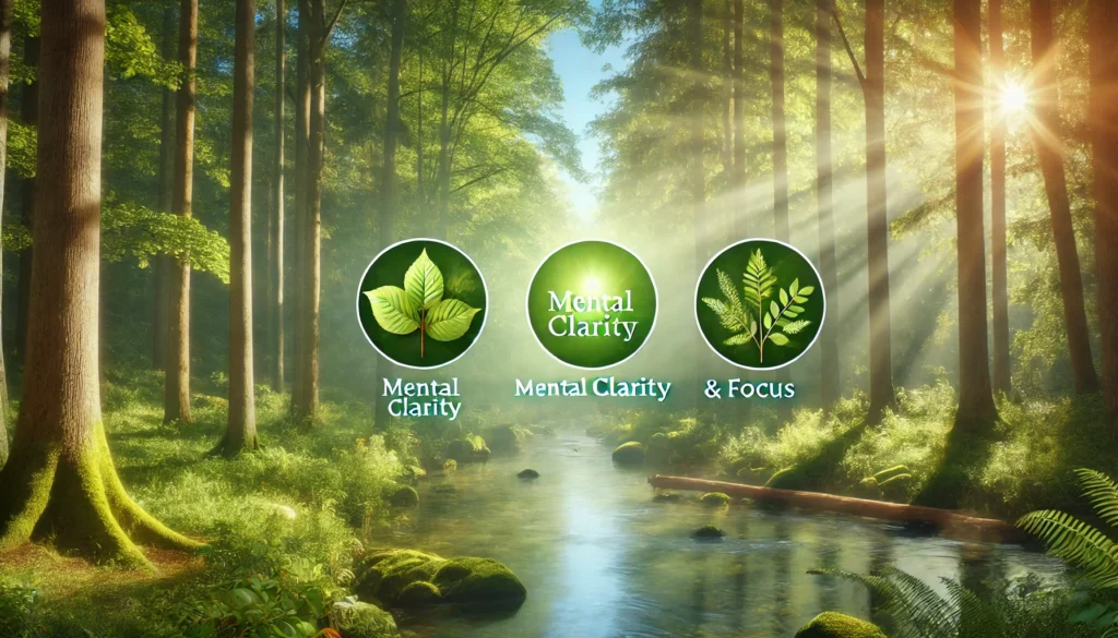 A serene forest with sunlight filtering through trees, surrounded by vibrant green foliage, symbolizing mental clarity and focus