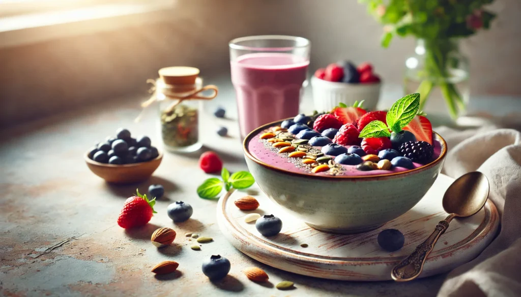 A healthy breakfast scene featuring a vibrant smoothie bowl topped with fresh berries, nuts, and seeds, representing natural nourishment and vitality