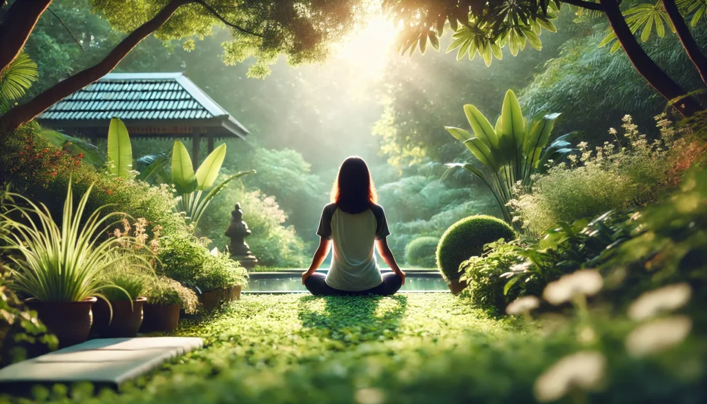 A person practicing yoga outdoors in a peaceful garden surrounded by greenery, symbolizing mental relaxation, clarity, and mindfulness