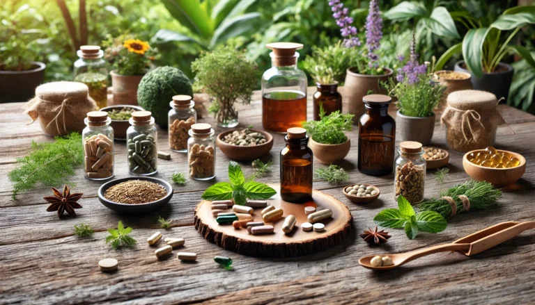 close-up shot of various natural supplements, including vitamins and capsules, placed on a wooden table surrounded by fresh herbs and plants, symbolizing a holistic approach to focus and memory