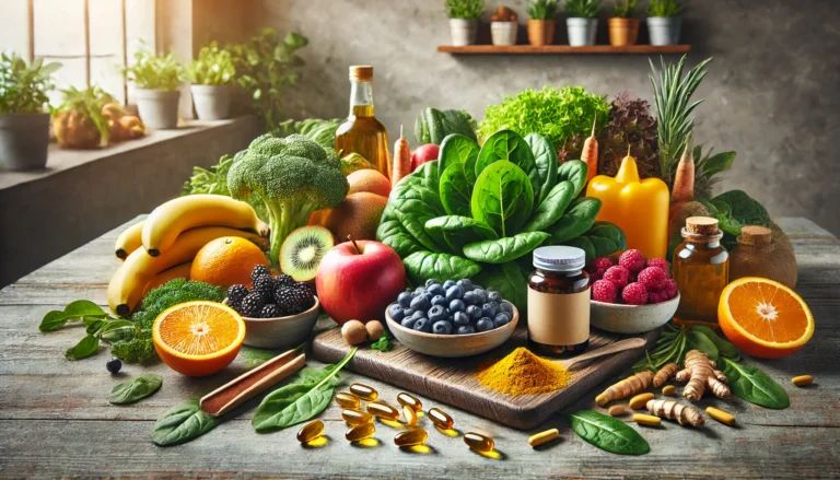A rustic kitchen setting featuring a variety of fresh leafy greens like spinach, kale, and arugula, colorful fruits such as bananas, berries, and oranges, and natural supplements including fish oil capsules, turmeric powder, and ashwagandha root. The scene is well-lit with soft, natural lighting, evoking a sense of health and vitality