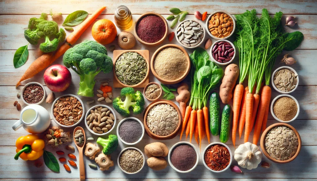 An assortment of healthy, natural foods arranged on a light wooden table, including whole grains like quinoa and oats, vegetables like broccoli, carrots, and sweet potatoes, seeds such as chia and flax, and natural supplements like magnesium, vitamin D capsules, and ginseng. The scene is bright and energizing