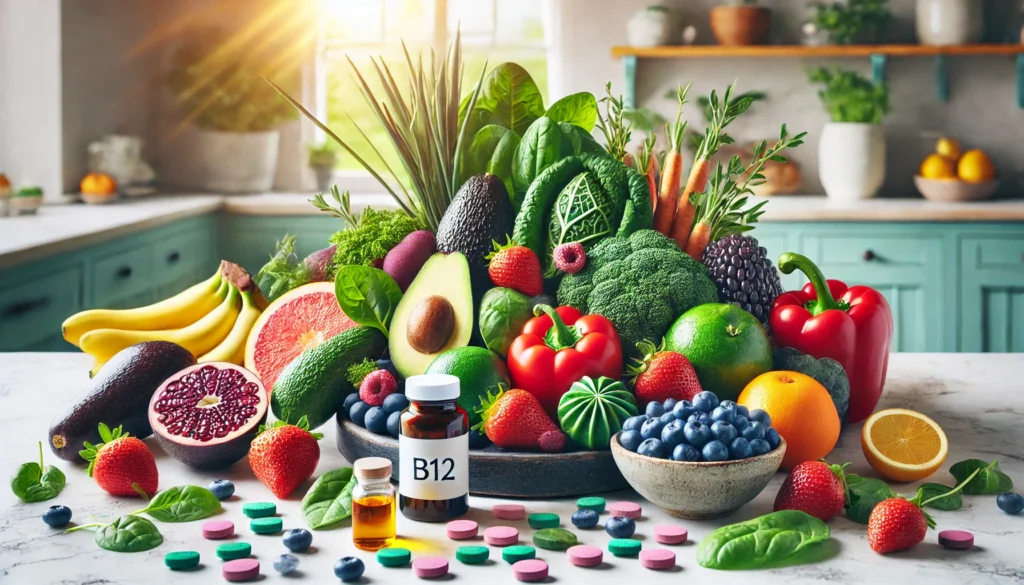A vibrant display of healthy foods, including avocados, spinach, kale, strawberries, and blueberries, artistically arranged with natural supplements like vitamin B12, iron capsules, and essential oils. The background features a bright, airy kitchen with natural light highlighting the healthful qualities of the foods and supplements