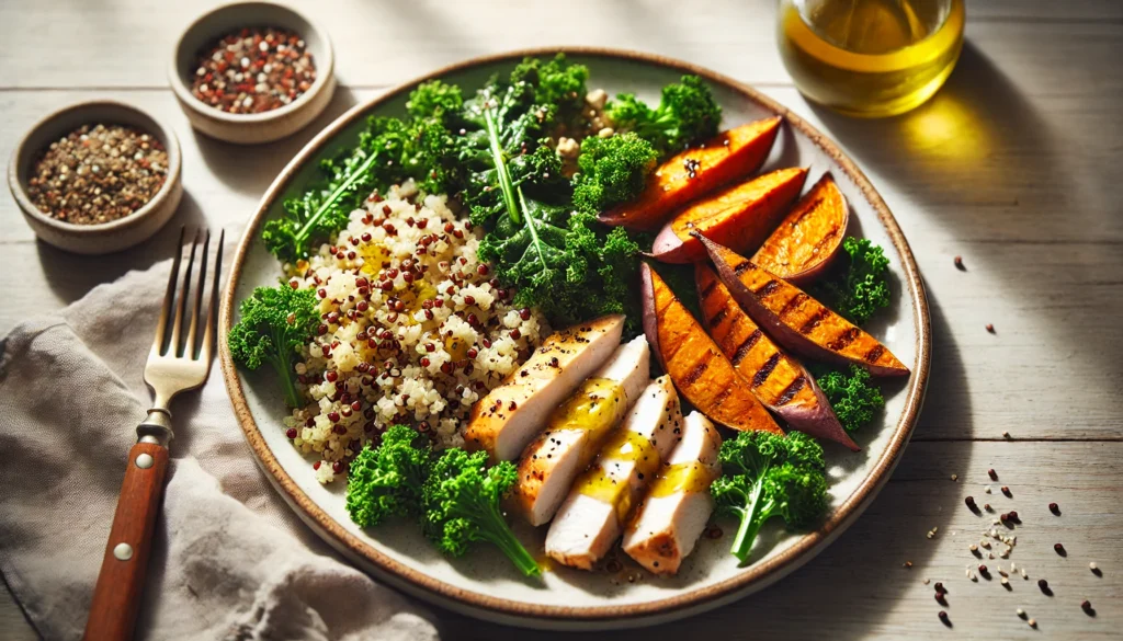 Best Foods to Fight Fatigue and Boost Energy Naturally 1 A close-up of a healthy plate featuring quinoa, kale, roasted sweet potatoes, grilled chicken breast, and a drizzle of olive oil on a wooden table.