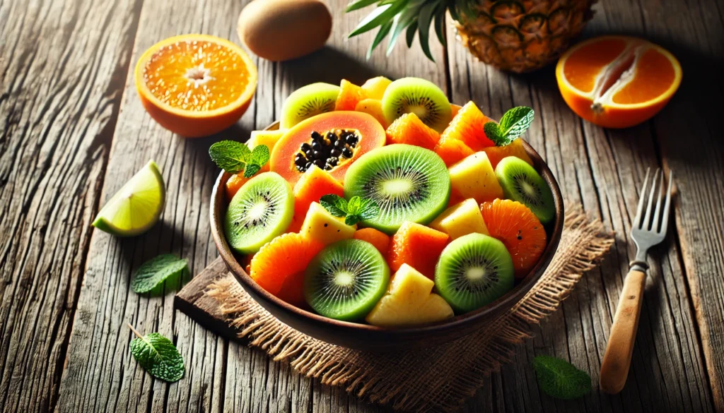Best Foods to Fight Fatigue and Boost Energy Naturally 2 "A fresh fruit salad bowl filled with slices of kiwi, papaya, pineapple, and oranges, topped with mint leaves, set on a rustic wooden table