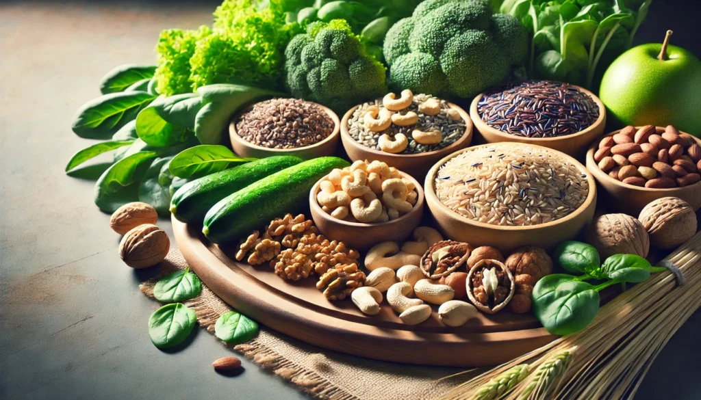 Best Foods to Fight Fatigue and Boost Energy Naturally 3 An assortment of healthy foods for boosting energy, including brown rice, walnuts, cashews, spinach, and broccoli, neatly arranged on a large wooden cutting board.