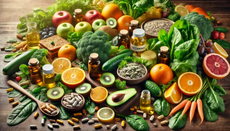 A variety of vitamin-rich foods such as spinach, oranges, and whole wheat bread, with vitamin capsules, highlighting the importance of essential nutrients in daily health routines.