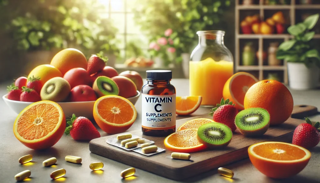 Best Vitamins to Take Every Day: A Science-Backed Guide to Essential Nutrients 2 An organized countertop with vitamin C supplements, fresh oranges, strawberries, and kiwi, showcasing the benefits of vitamin C for immunity and wellness.