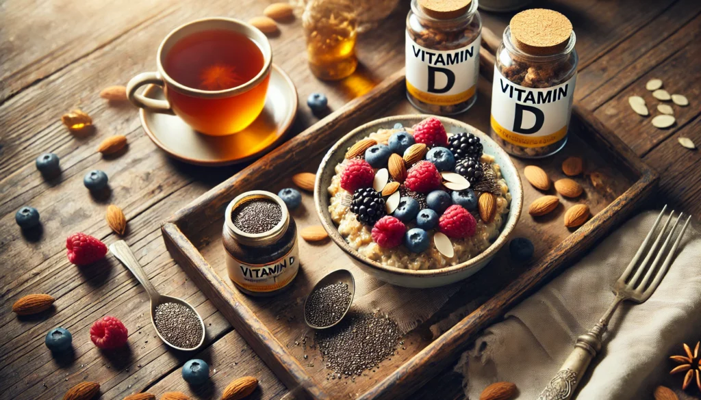 Best Vitamins to Take Every Day: A Science-Backed Guide to Essential Nutrients 3 A healthy breakfast setup with oatmeal, chia seeds, almonds, berries, and vitamin D supplements, highlighting balanced nutrition and daily vitamin intake.