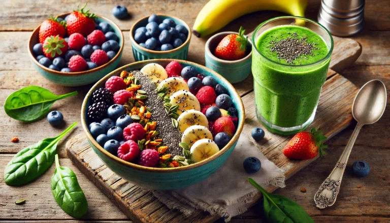 A colorful and fresh breakfast spread featuring a vibrant bowl of fruit salad with mixed berries, chia seeds, granola, and a green smoothie with spinach, banana, and almond milk.