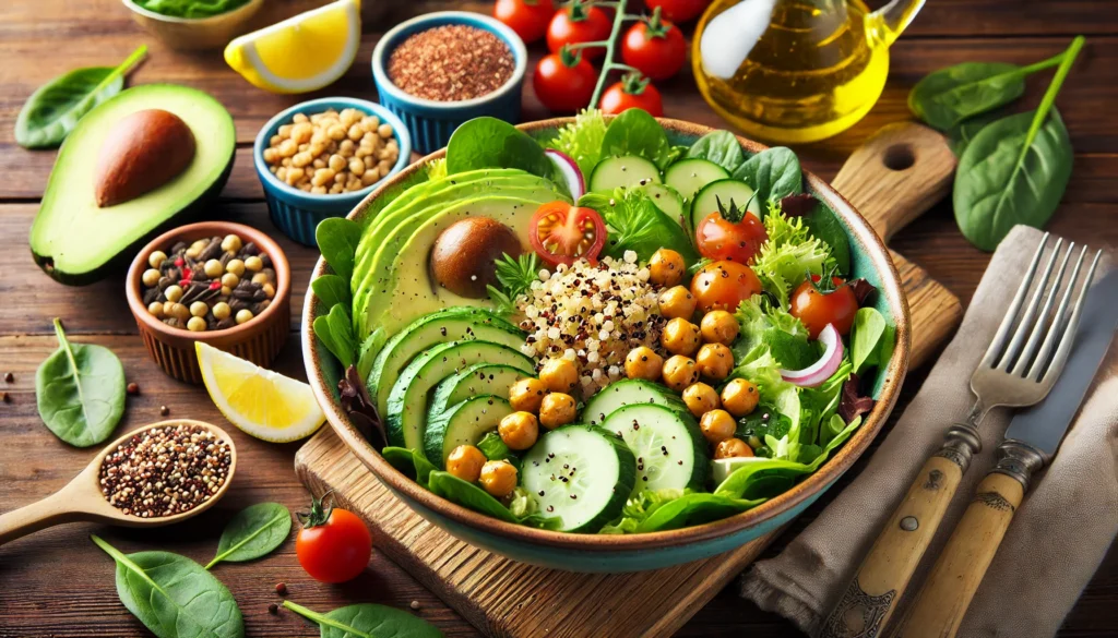 Best Healthy Meals for Energy: Nutrient-Packed Recipes to Boost Vitality Naturally 1 A vibrant and fresh salad bowl filled with leafy greens, avocado, cherry tomatoes, quinoa, and roasted chickpeas, with a light dressing.