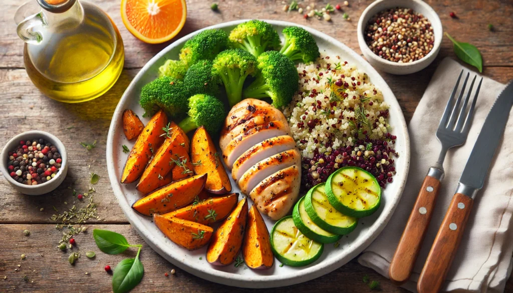 Best Healthy Meals for Energy: Nutrient-Packed Recipes to Boost Vitality Naturally 2 A wholesome lunch spread with grilled chicken breast, quinoa, steamed broccoli, roasted sweet potatoes, and a drizzle of olive oil.
