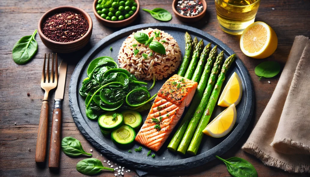 Best Healthy Meals for Energy: Nutrient-Packed Recipes to Boost Vitality Naturally 3 A healthy dinner plate featuring grilled salmon, roasted asparagus, sautéed spinach, and brown rice, garnished with lemon wedges and fresh herbs.