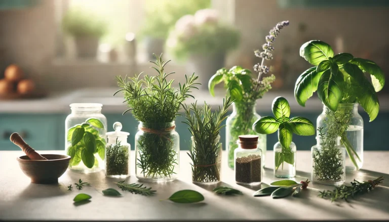 A serene kitchen counter showcasing a variety of fresh herbs like rosemary, basil, sage, and thyme in glass jars. Soft sunlight filters through a window, creating a calming atmosphere that symbolizes mental clarity and focus through natural remedies