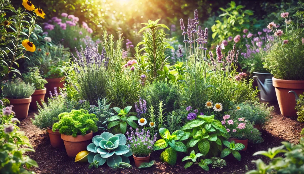A vibrant herb garden featuring medicinal plants such as rosemary, lavender, mint, and lemon balm under bright sunlight. The flourishing plants represent freshness and vitality, evoking a sense of calm and mental clarity
