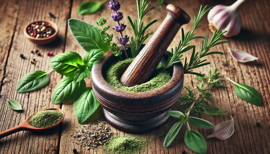 A close-up view of a mortar and pestle with freshly ground herbs like rosemary, sage, and basil. The rustic wooden table and scattered leaves emphasize the natural and soothing environment of herbs used for boosting cognitive function