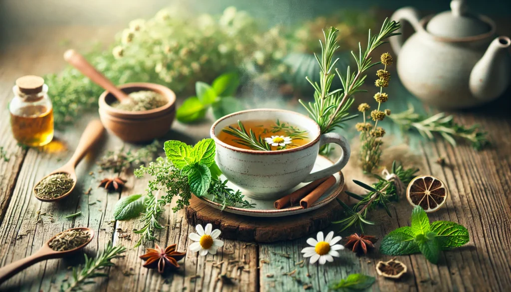 A cup of herbal tea made from fresh herbs such as rosemary, mint, and chamomile, steaming gently on a wooden table. Surrounded by fresh herbs and dried flowers, the scene conveys a sense of tranquility and wellness, ideal for improving focus and mental clarity.