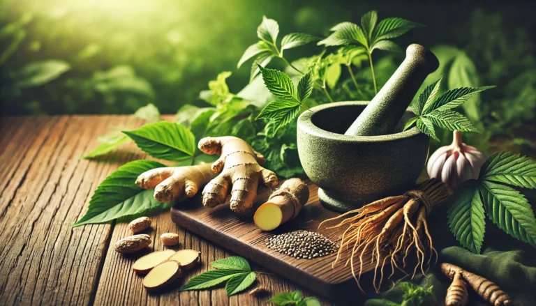 Featuring a variety of fresh herbs like ginseng, ginger, and maca root, arranged naturally with a calming background of plants