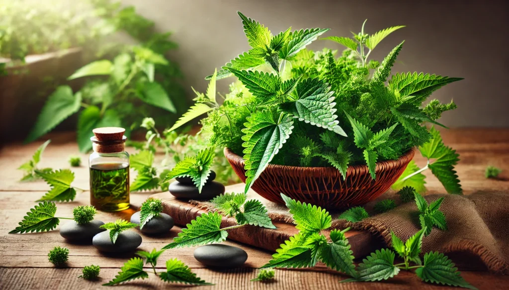 Best Herbal Remedies for ED: How to Fix Erectile Dysfunction Naturally at a Young Age 1 Showcasing nettle, horny goat weed, and a small glass jar of herbal extract, surrounded by natural elements.