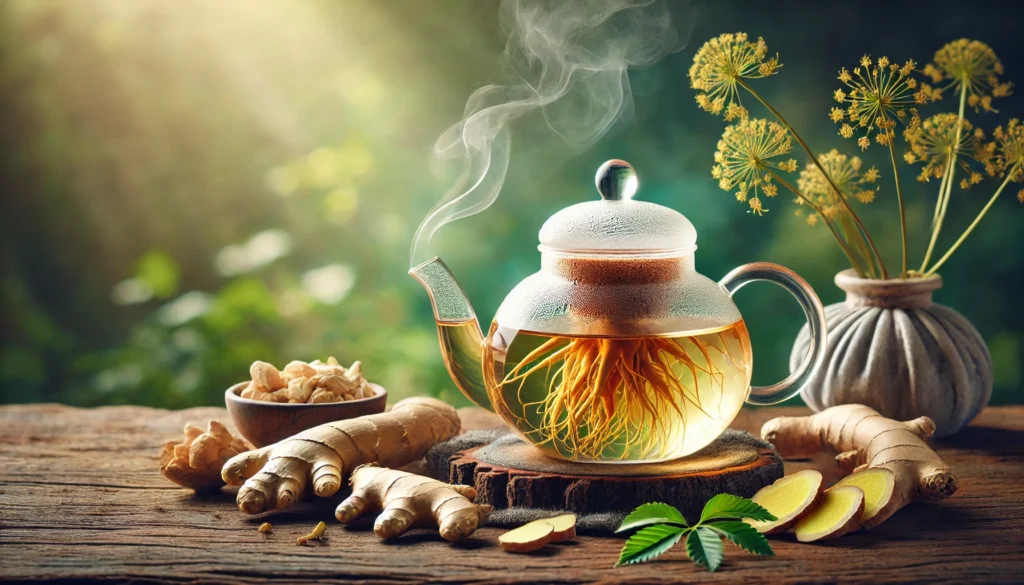 Best Herbal Remedies for ED: How to Fix Erectile Dysfunction Naturally at a Young Age 2 A peaceful scene with a steaming teapot filled with herbal tea, accompanied by ginseng and ginger roots.