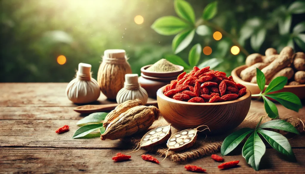 Best Herbal Remedies for ED: How to Fix Erectile Dysfunction Naturally at a Young Age 3 A tranquil arrangement of fresh maca root and dried goji berries on a rustic wooden table with soft, warm lighting.
