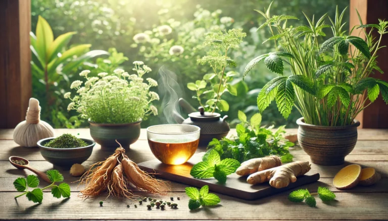 A peaceful herbal remedy setting with fresh herbs like ginseng, ginger, and peppermint on a wooden table. The scene is illuminated by natural light, creating a calm and rejuvenating atmosphere, with a steaming cup of herbal tea beside the herbs.