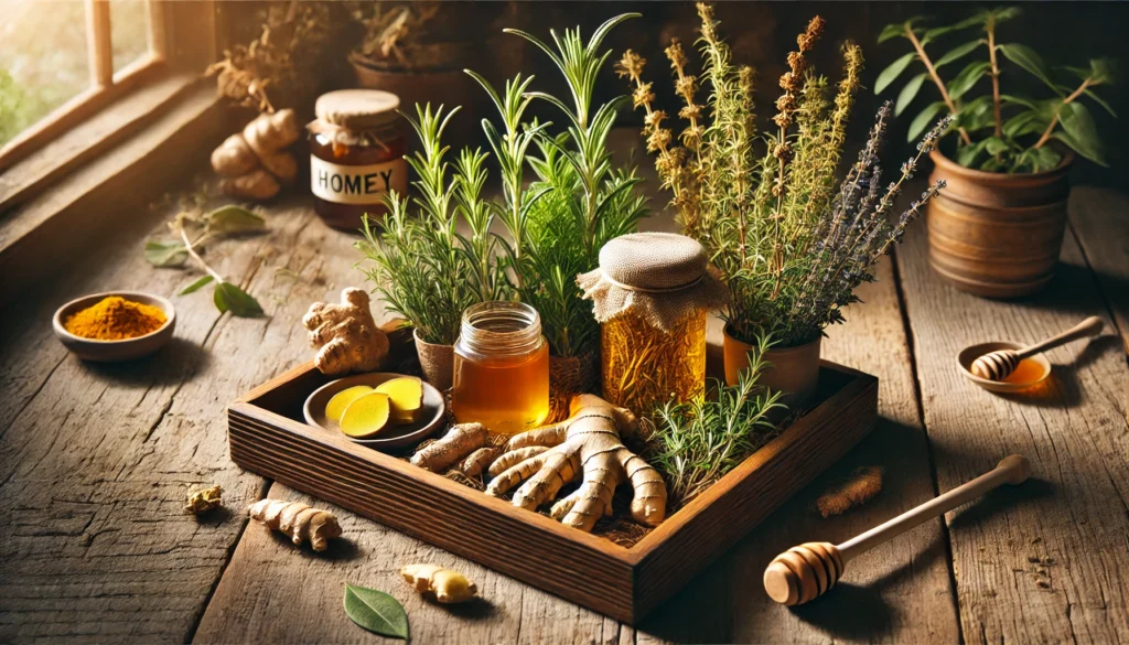 Best Herbal Remedies for Fatigue: Natural Herbs to Boost Energy and Motivation 1 A serene scene with a wooden tray filled with various herbal plants like ashwagandha, turmeric, and rosemary, surrounded by jars of natural honey and fresh ginger root. Soft golden light illuminates the herbs, highlighting their natural vitality.
