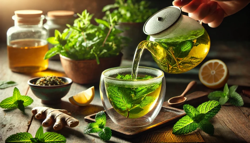 Best Herbal Remedies for Fatigue: Natural Herbs to Boost Energy and Motivation 2 A close-up shot of a green herbal infusion being poured into a clear glass teacup, containing fresh mint, lemon balm, and ginger slices. Soft warm lighting enhances the vibrant colors of the tea, evoking relaxation and rejuvenation