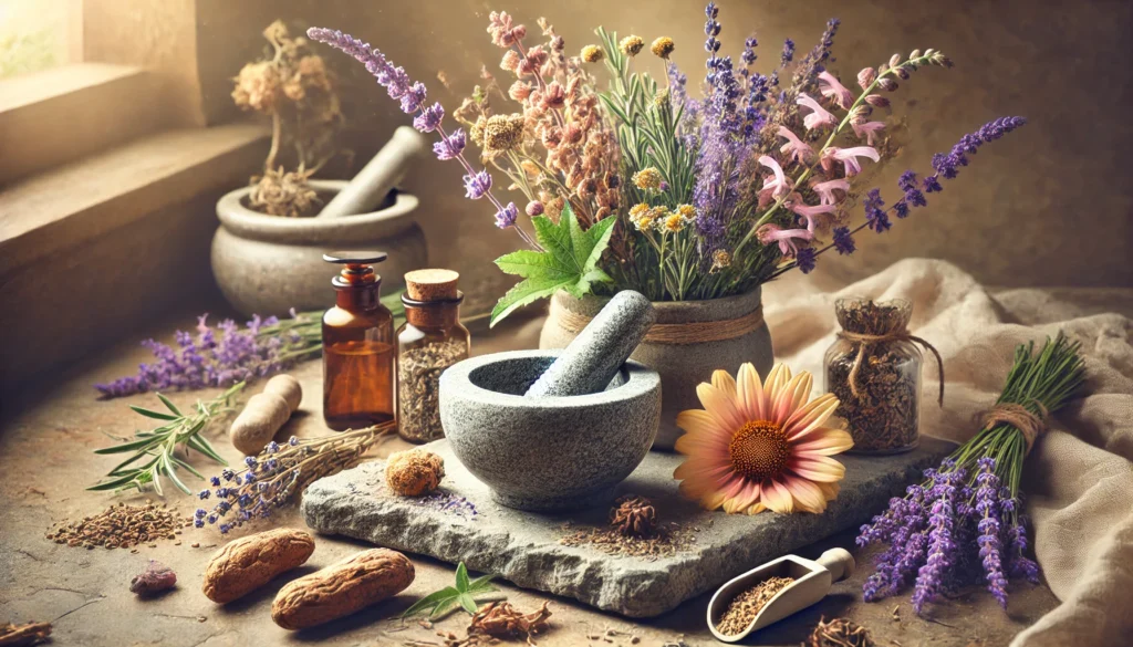 Best Herbal Remedies for Fatigue: Natural Herbs to Boost Energy and Motivation 3 A tranquil still life of herbal plants including maca root, lavender, and chamomile flowers arranged on a stone surface. A small stone mortar and pestle are nearby, with dried herbs scattered around, illuminated by soft natural light.
