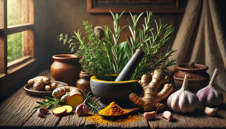 A vibrant display of fresh herbs known to improve blood circulation, including rosemary, ginger, garlic, and turmeric, arranged on a rustic wooden table with natural lighting.