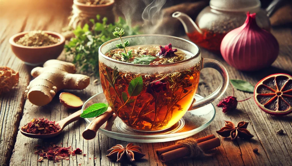 Best Herbs for Blood Circulation: Natural Remedies to Boost Heart Health and Vitality 1 A close-up of a steaming cup of herbal tea infused with heart-healthy ingredients like ginger, cinnamon, and hibiscus, surrounded by fresh herbs and tea leaves on a rustic surface.