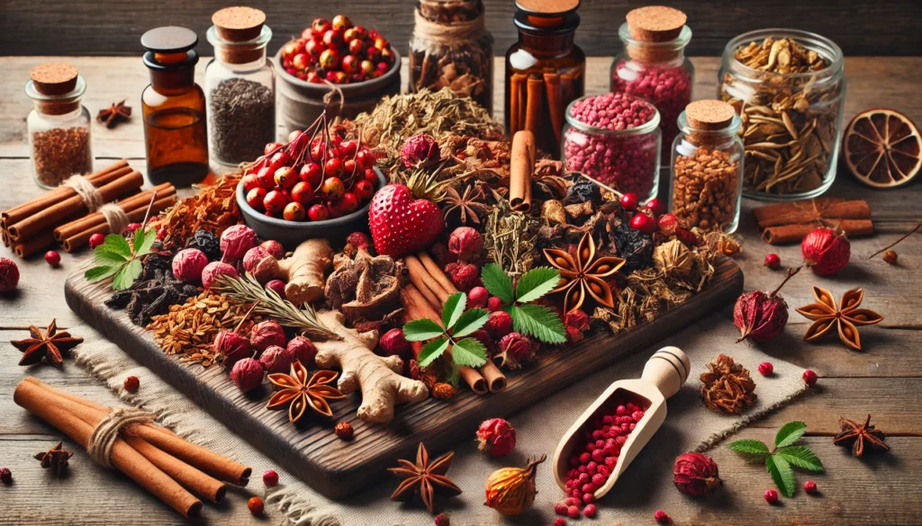 Best Herbs for Blood Circulation: Natural Remedies to Boost Heart Health and Vitality 3 A beautifully arranged selection of dried medicinal herbs for heart health, including hawthorn berries, ginger, and cinnamon, displayed on a wooden board with small glass jars and a wooden scoop.