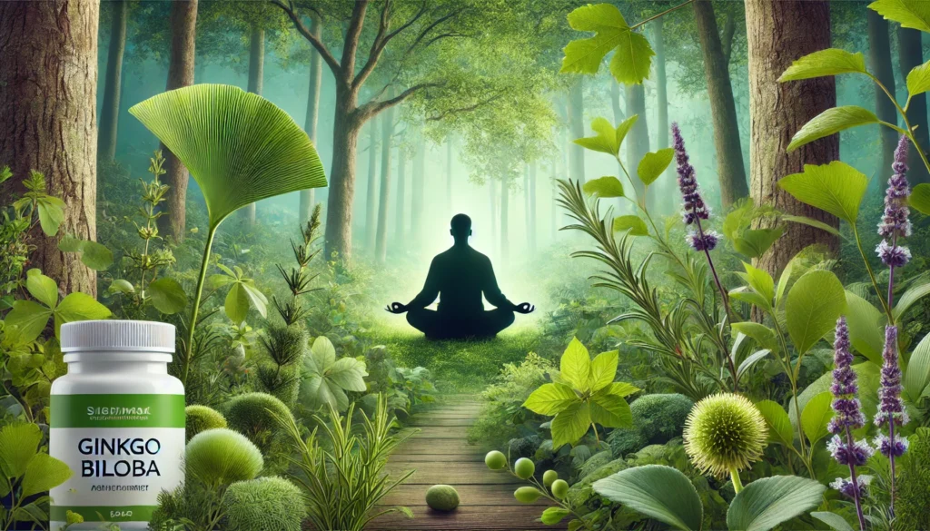 A serene natural setting with a person meditating in a lush green forest, surrounded by herbal plants such as ginkgo biloba, ashwagandha, and rosemary. The tranquil atmosphere represents mental clarity and natural brain enhancement.