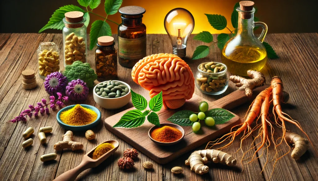 A vibrant still life arrangement of brain-boosting herbal remedies and holistic supplements, including ginseng, turmeric, and bacopa monnieri, placed on a wooden table with warm natural lighting, symbolizing cognitive health.