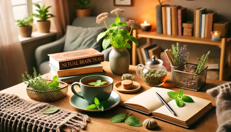 A cozy home workspace featuring a cup of herbal tea, books on natural brain enhancement, and fresh herbs like peppermint and sage on a table, promoting mental focus, relaxation, and holistic wellness.