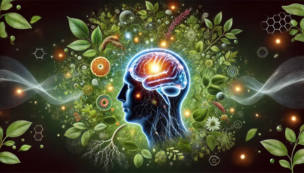 An artistic visualization of the human brain glowing with energy, surrounded by natural elements like green leaves, roots, and herbal extracts, symbolizing the cognitive enhancement benefits of herbal remedies.