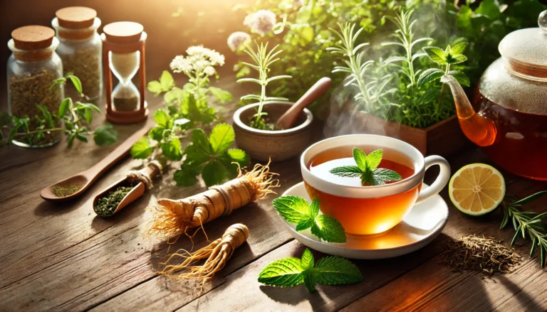 A steaming cup of herbal tea surrounded by fresh ginseng root, peppermint leaves, and rosemary sprigs, bathed in soft morning sunlight—natural herbal remedies for morning energy.