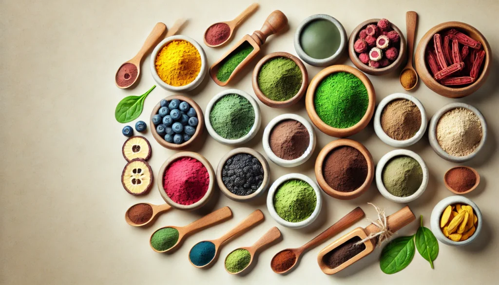 Best Herbal Remedies for a Non-Caffeine Energy Boost: How to Get More Energy in the Morning Naturally 3 Assorted herbal powders including moringa, spirulina, and maca root displayed in small bowls and wooden spoons, natural herbal supplements for energy without caffeine.