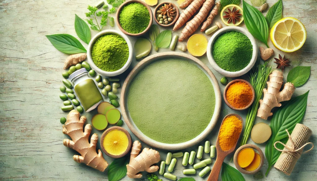 How to Increase Energy and Motivation Naturally: The Best Holistic Supplements and Herbal Remedies 1 Natural wooden surface with fresh green leaves, vibrant herbs like ginseng and rhodiola, and herbal capsules, representing holistic supplements for boosting energy and motivation naturally