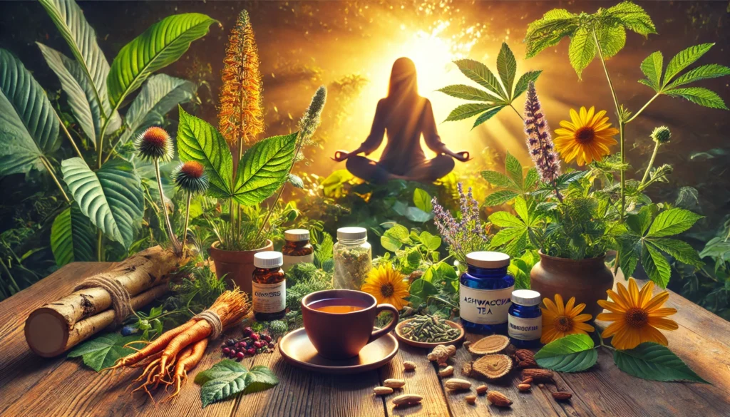 How to Increase Energy and Motivation Naturally: The Best Holistic Supplements and Herbal Remedies 2 A serene natural setting with a person meditating in the morning sunlight, surrounded by lush greenery and herbal plants like ginseng, ashwagandha, and rhodiola. A steaming cup of herbal tea sits on a wooden table with fresh herbs and supplements, symbolizing energy, vitality, and holistic wellness.
