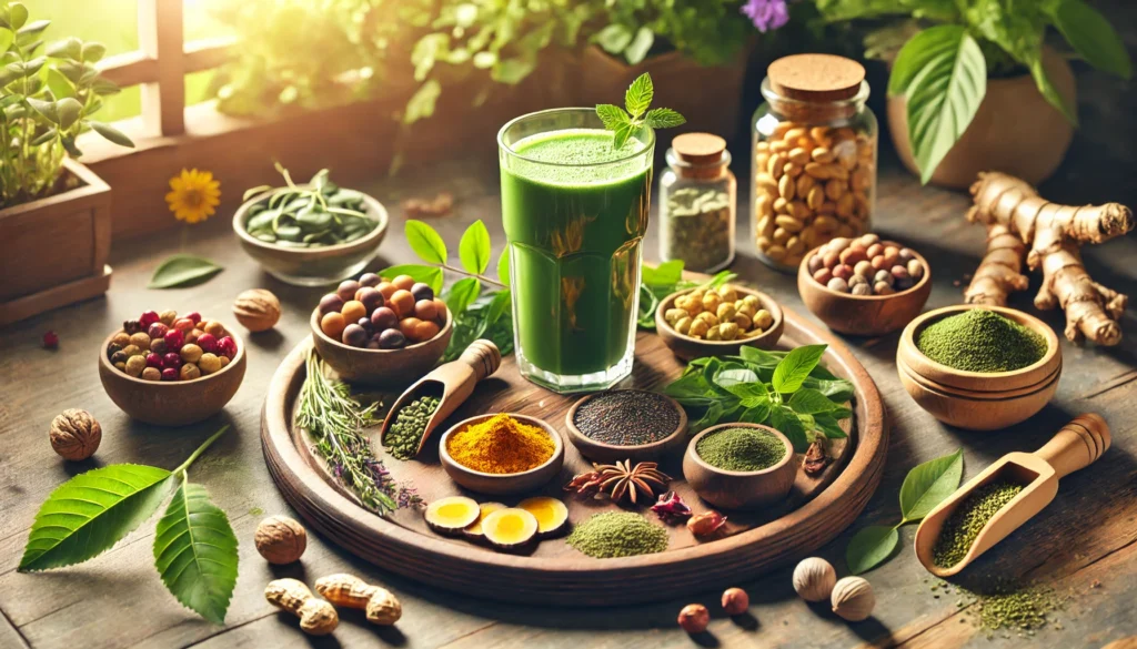How to Increase Energy and Motivation Naturally: The Best Holistic Supplements and Herbal Remedies 3 A wooden tray with natural energy-boosting supplements and herbs such as maca root, ginseng, turmeric, and spirulina. A glass of green smoothie sits beside fresh herbal leaves, nuts, and berries, illuminated by soft morning sunlight, creating a refreshing and revitalizing atmosphere.