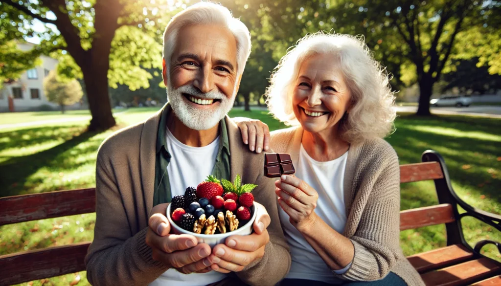 Best Memory Vitamins for Seniors: Boost Brain Health Naturally with Holistic Supplements 1 An elderly couple enjoying a brain-boosting snack in a sunlit park, holding a bowl of walnuts, berries, and dark chocolate, surrounded by lush greenery, symbolizing cognitive wellness.