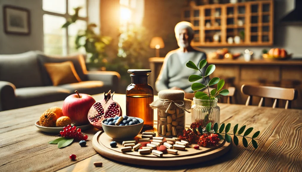 Best Memory Vitamins for Seniors: Boost Brain Health Naturally with Holistic Supplements 2 A cozy home setting with a wooden table featuring natural brain-boosting supplements such as ginkgo biloba, omega-3 fish oil, herbal capsules, blueberries, and pomegranates under warm, natural lighting.