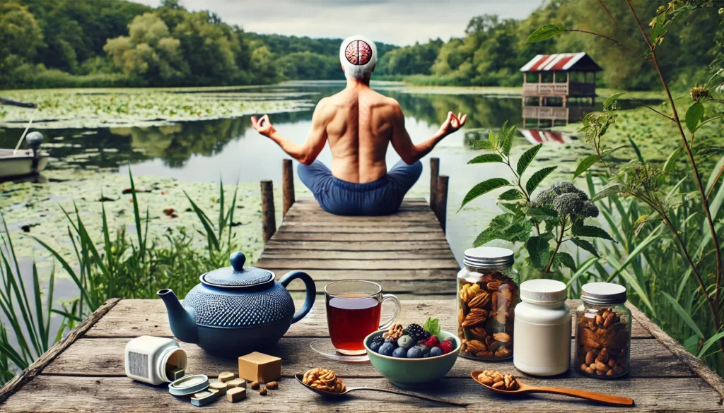 Best Memory Vitamins for Seniors: Boost Brain Health Naturally with Holistic Supplements 3 A peaceful outdoor setting with a senior practicing yoga near a lake, next to a wooden table holding herbal tea, nuts, berries, and supplement bottles, reflecting a holistic approach to brain health.