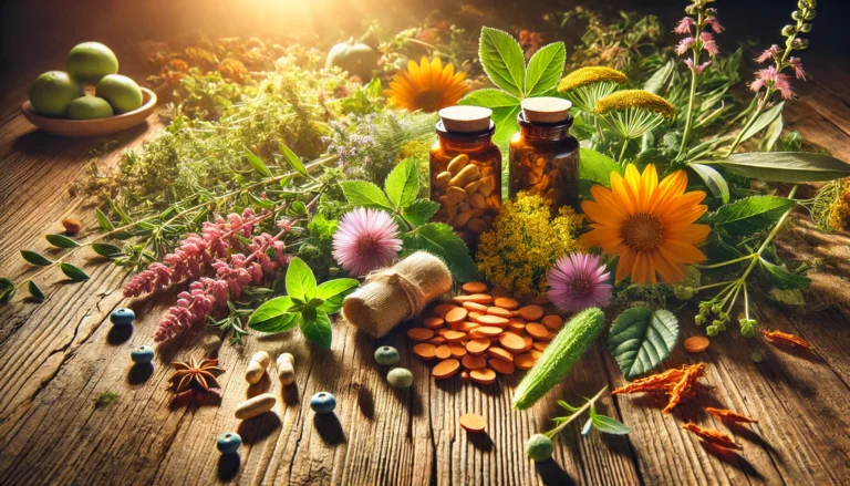 A vibrant, nature-inspired composition featuring St. John’s Wort, Rhodiola Rosea, and Ashwagandha roots on a rustic wooden table, surrounded by fresh herbs and flowers, illuminated by warm sunlight.