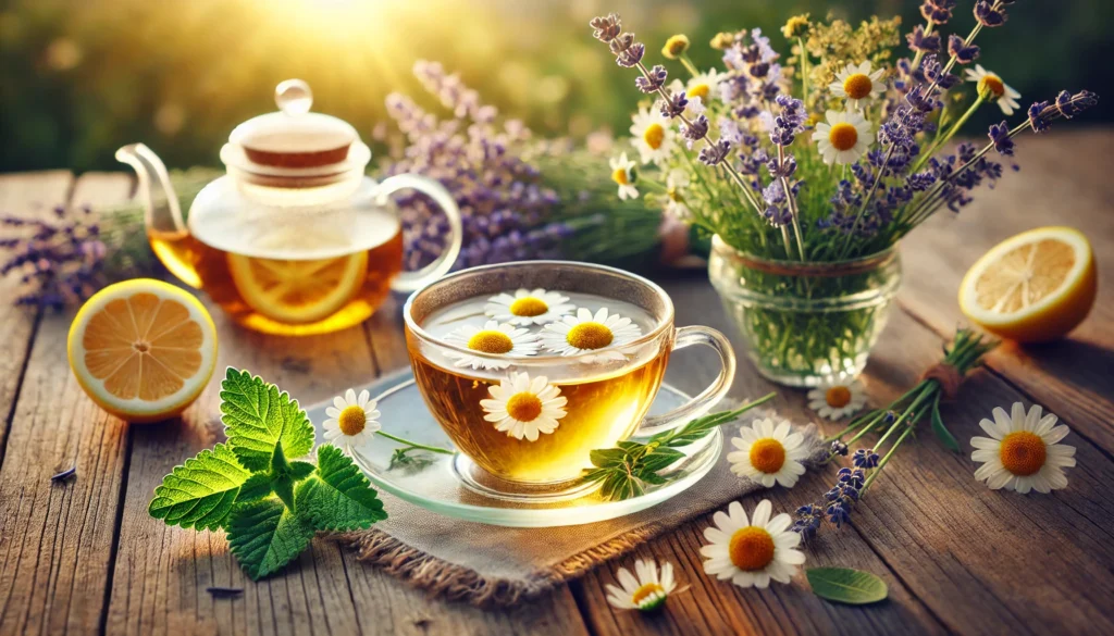 Best Natural Mood Enhancers: Top Supplements to Improve Mood and Reduce Irritability 1 A calming scene with a glass teacup filled with chamomile tea, fresh chamomile flowers floating on top, surrounded by lavender sprigs and lemon balm leaves, bathed in soft golden light.